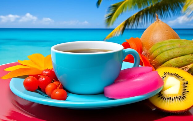 Photo closeup image of a coffee cup on a table near a window overlooking the sea