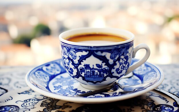 Photo closeup image of a coffee cup on a table near a window overlooking the sea