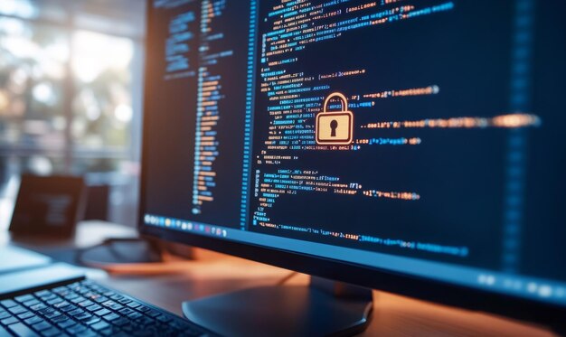 a closeup image of a computer monitor displaying secure software development code with a prominent padlock symbol representing secure coding