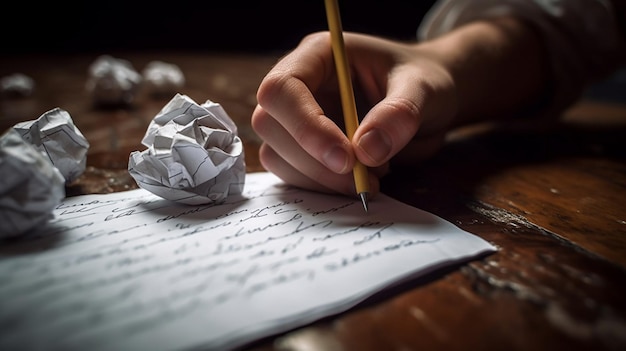 Closeup image of crumpled paper ball and human handgenerative ai