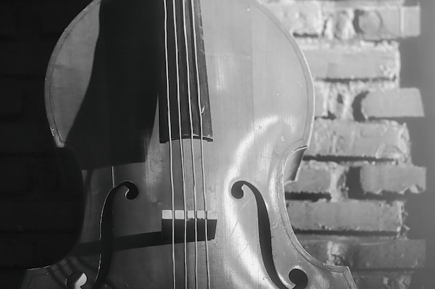 Photo closeup image of a double bass on a brick wall background