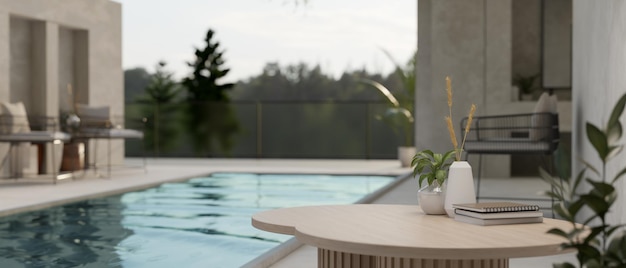 Closeup image of a empty space on a wooden coffee table by the swimming pool