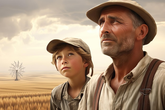 Closeup image of a farmer with his son in a wheat field