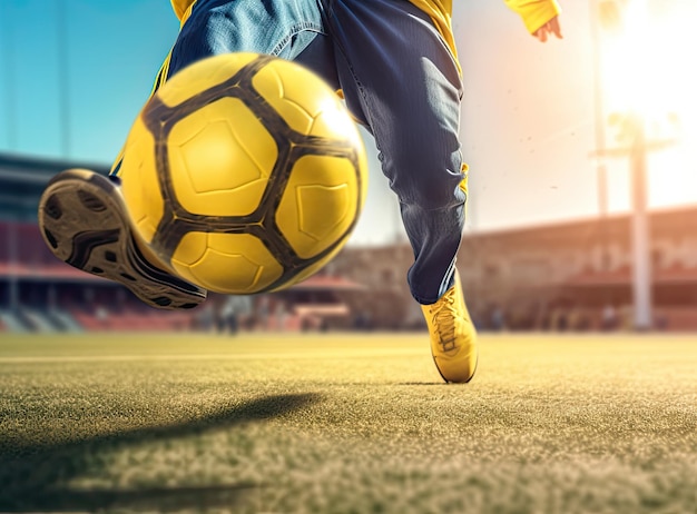 ジェネレーティブAI技術で作られたドリブルをしているサッカー選手の足のクローズアップ画像