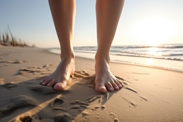 Closeup image of the feet of an a woman on a beach in the morning created with generative ai