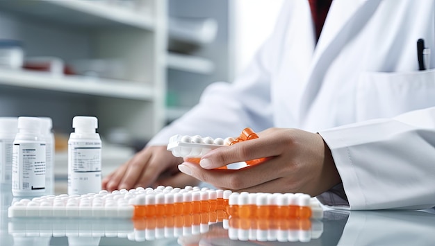 Closeup image of a female doctor holding pills in her hands