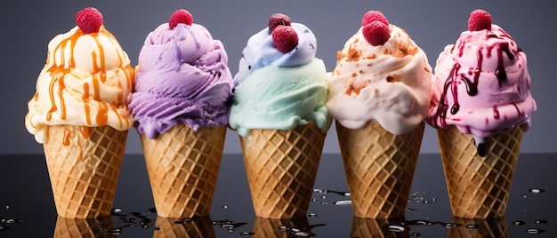 Photo closeup image of five ice cream cones with different flavours and berries