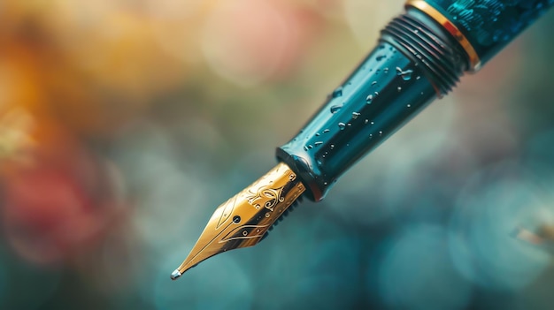 A closeup image of a fountain pen with a gold nib The pen is held at a slight angle with the nib facing the viewer