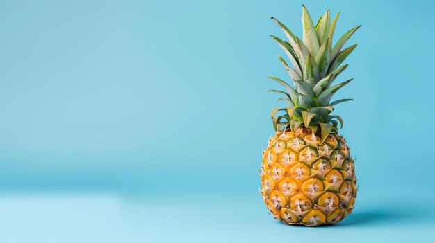 A closeup image of a fresh pineapple on a blue background The pineapple is ripe and juicy with a bright yellow color