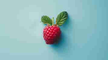 Photo a closeup image of a fresh ripe raspberry with green leaves on a blue background