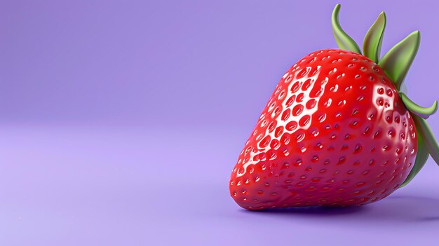 A closeup image of a fresh ripe strawberry on a solid purple background The strawberry is red and juicy with green leaves