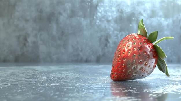 A closeup image of a fresh ripe strawberry on a wet surface The strawberry is red and juicy with green leaves