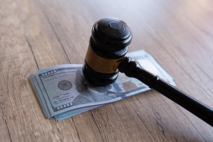 Photo closeup image of gavel and money fine penalty bribe concept