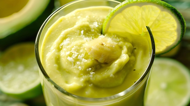 Photo a closeup image of a glass of healthy green smoothie made from avocado banana and lime