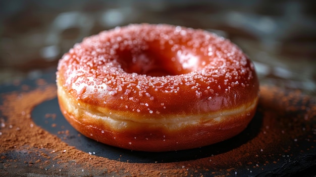 A closeup image of a glazed doughnut isolated on dark background with display whole and side views A full frontal view Lifestyle studio