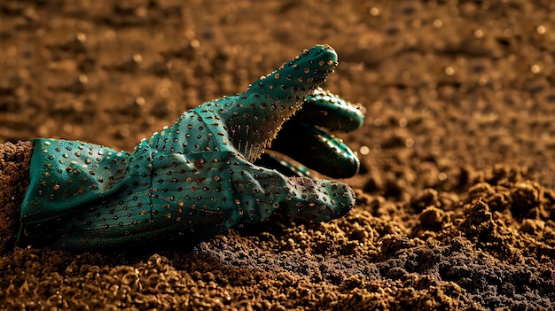 Foto un primo piano di un guanto di giardino verde coperto di terra il guanto è sdraiato a terra con le dita arrotolate verso l'interno il terreno è marrone e asciutto