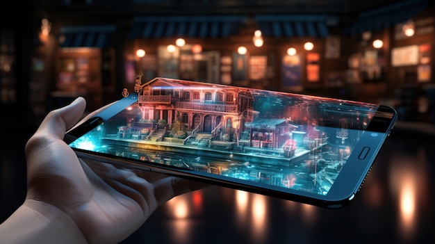 Photo closeup image of hand holding smart phone with hologram display