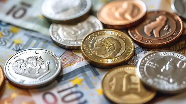 Photo a closeup image of a handful of coins on top of euro banknotes the coins are of different sizes and denominations