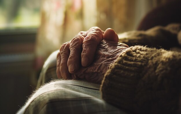 Closeup image if elderly mans hand in a cozy sunlit room of a nursing home