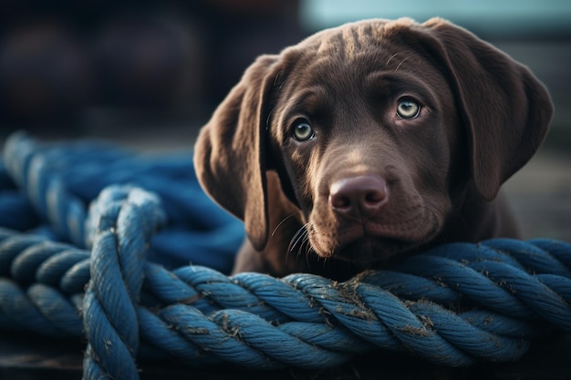 Photo closeup image of a labrador breed dog chewing on a blue toy generative by ai