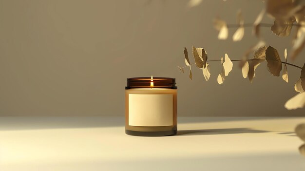 Photo a closeup image of a lit candle in a brown glass jar with a blank label