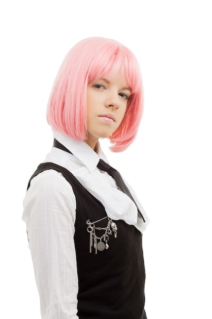 closeup image of lovely schoolgirl with pink hair