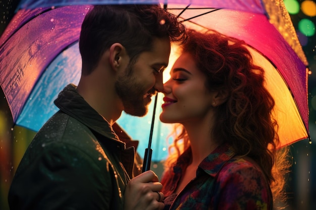 Closeup image of a loving couple under a multicolored umbrella walking in the rain capturing the essence of Valentine39s Day