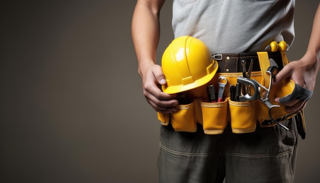 Closeup image of a male construction worker holding yellow helmet and tool belt