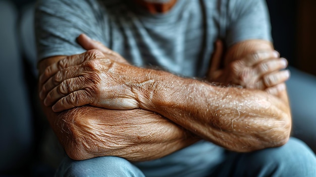 A closeup image of a man suffering from elbow or hand pain