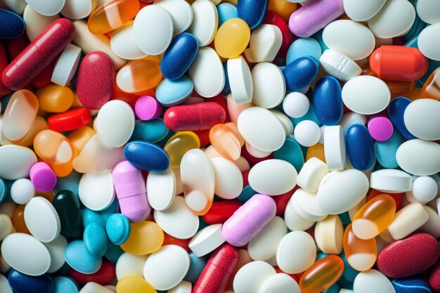 A closeup image of many colorful pharmaceutical pills in the style of