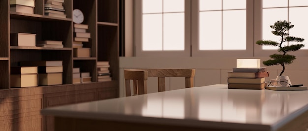 Closeup image of a mockup space on a tabletop in a cozy vintage office or reading room