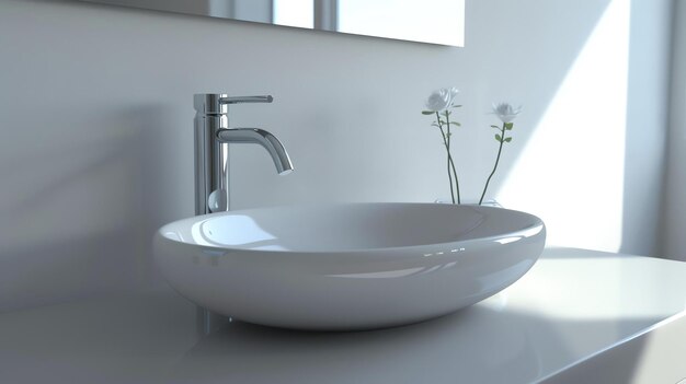 A closeup image of a modern bathroom sink with a chrome faucet The sink is made of white ceramic and is sitting on a white vanity