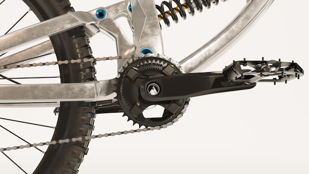 Фото Крупный план велосипедной педали крупный план черной пластиковой педали и металлической цепи 3d рендеринг