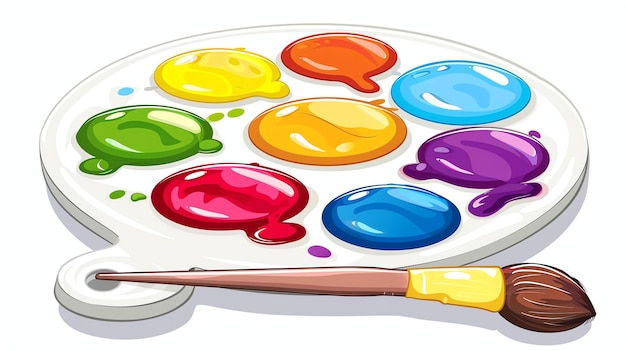Близкое изображение палитры художника с яркими пятнами краски и кистью, опирающейся на ручку