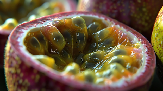 Photo closeup image of a passion fruit cut in half with a focus on the juicy translucent pulp and seeds inside