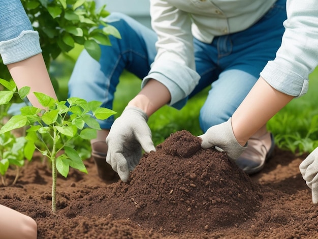 Closeup image of people preparing to grow a small tree with soil in the garden