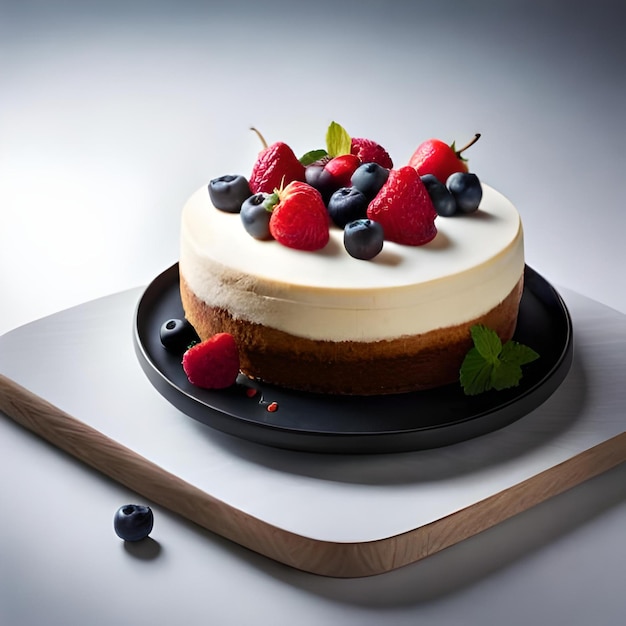 closeup image of a perfectly crafted slice of creamy cheesecake topped with fresh berries