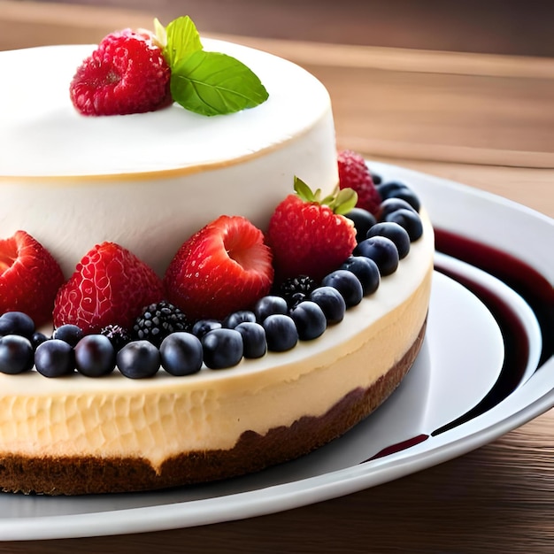 closeup image of a perfectly crafted slice of creamy cheesecake topped with fresh berries