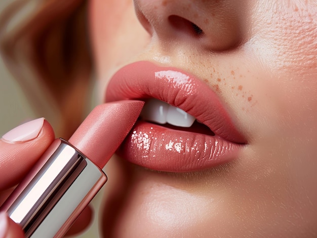 a closeup image of a person applying a rose colored lipstick