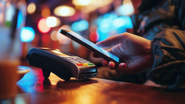 Photo a closeup image of a person using a smartphone for contactless payment at a pos terminal