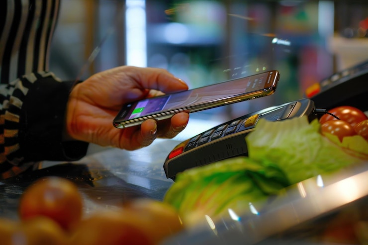 Photo a closeup image of a person using a smartphone for contactless payment at a pos terminal