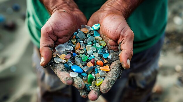 Photo closeup image of a persons hands holding a handful of colorful pebbles the pebbles are smooth and have been polished by the waves