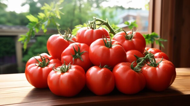 A closeup image of a pile of ripe red tomatoes on a wooden table