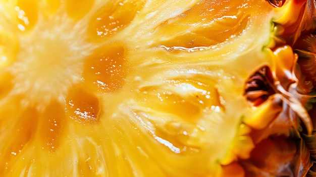 A closeup image of a pineapple The fruit is ripe and juicy with a bright yellow color The image is welllit and has a sharp focus