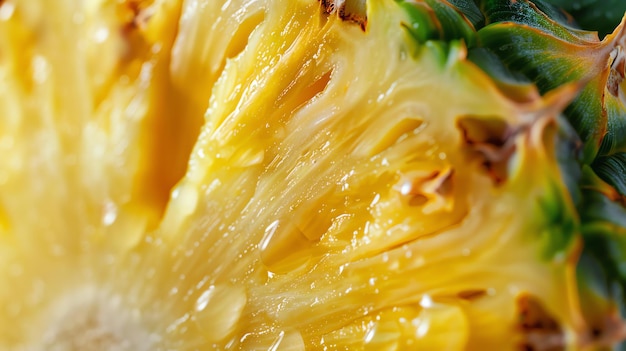 A closeup image of a pineapple The fruit is ripe and juicy with a bright yellow color The skin is green and has a rough texture