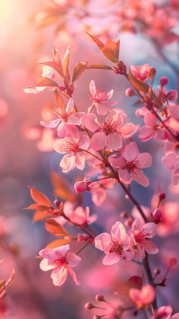 Photo closeup image of pink cherry blossom flowers in full bloom with blurred background