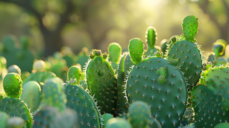 Photo a closeup image of a prickly pear cactus in the desert the cactus is green and has sharp spines the background is a blur of green and brown