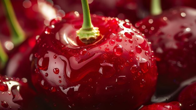 Photo a closeup image of a red cherry with water droplets on its surface the cherry is in focus with a blurred background