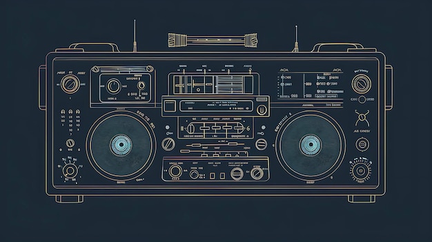 A closeup image of a retro boombox stereo with a dark background The stereo is black with blue and yellow highlights