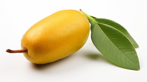 Closeup image of a ripe yellow pear fruit with green leaves isolated on a white background